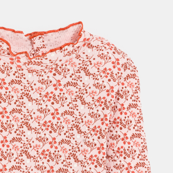 تيشيرت كوت مسطح وياقة متموّجة منمقة برسوم الورد للفتيات الرضع.